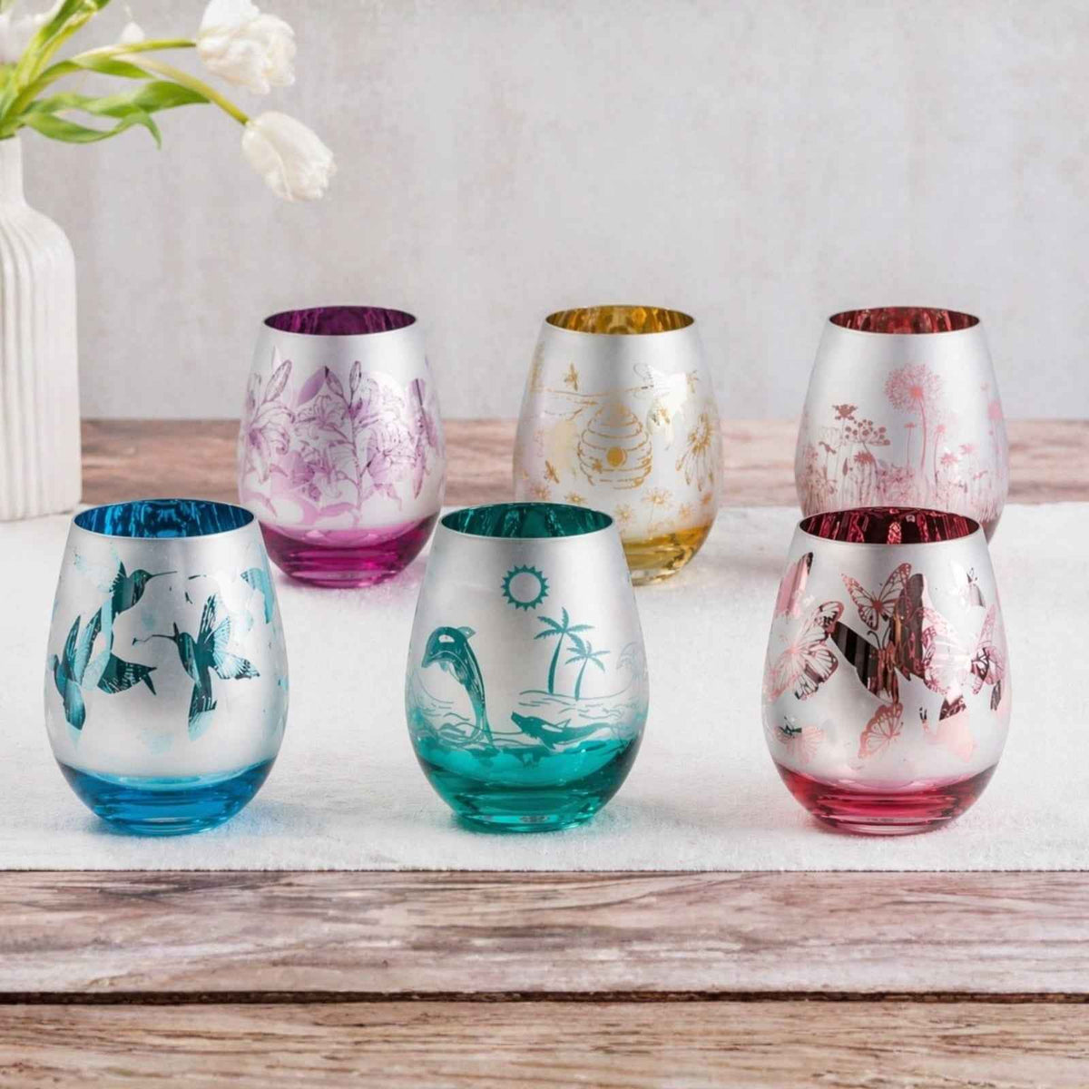 Blue Hummingbird Stemless Wine Glasses