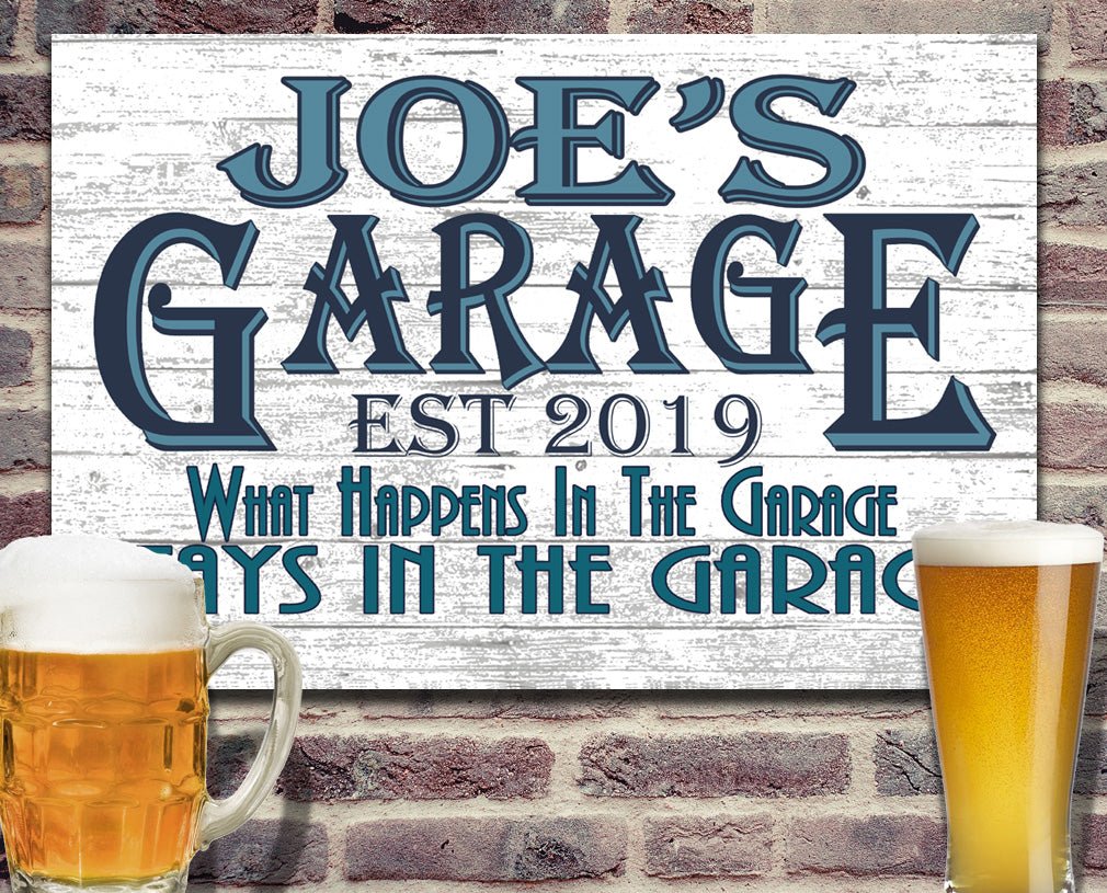 Personalized Garage Gift – Custom Wood Sign with Name & Est. Year | “What Happens in the Garage” Decor for Him