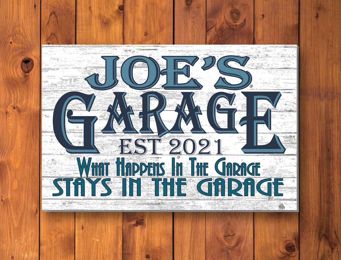 Personalized Garage Gift – Custom Wood Sign with Name & Est. Year | “What Happens in the Garage” Decor for Him