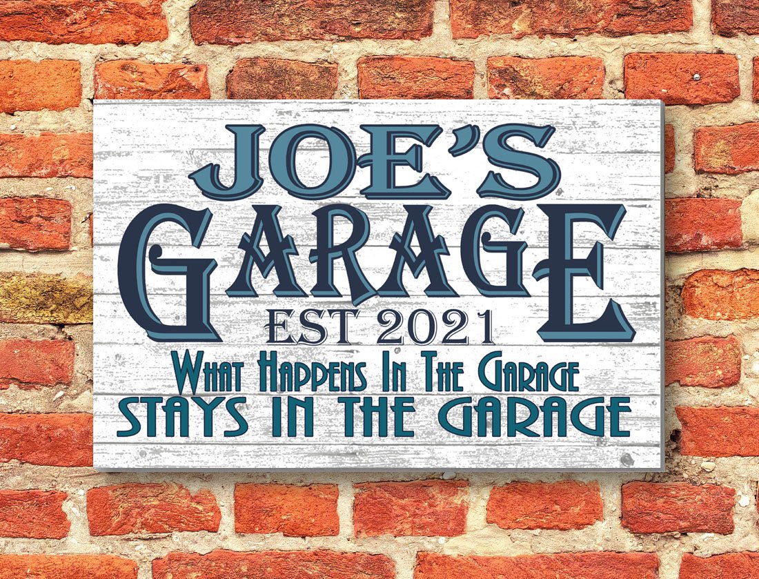 Personalized Garage Gift – Custom Wood Sign with Name & Est. Year | “What Happens in the Garage” Decor for Him