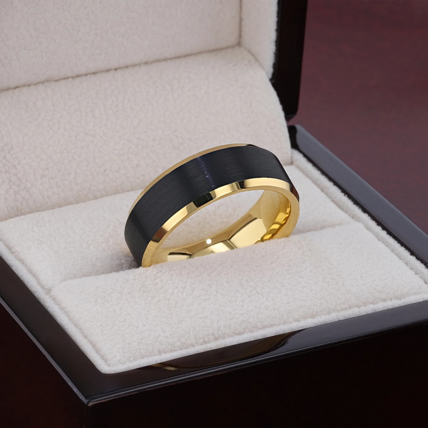 GASTON Gold-Plated Tungsten Beveled Ring with Brushed Black Center – 6mm or 8mm