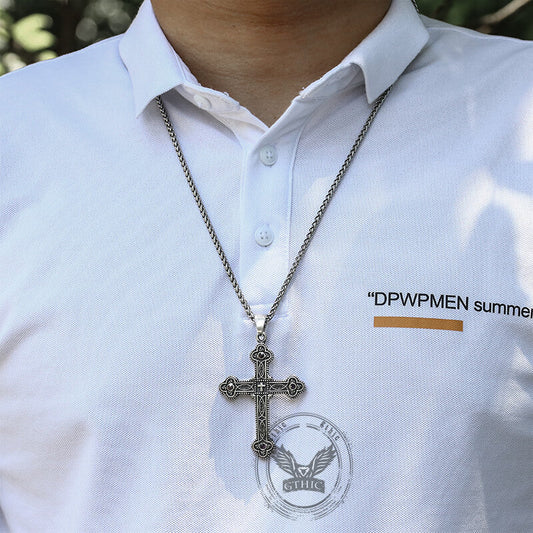 Gem-Set Budded Cross Stainless Steel Pendant