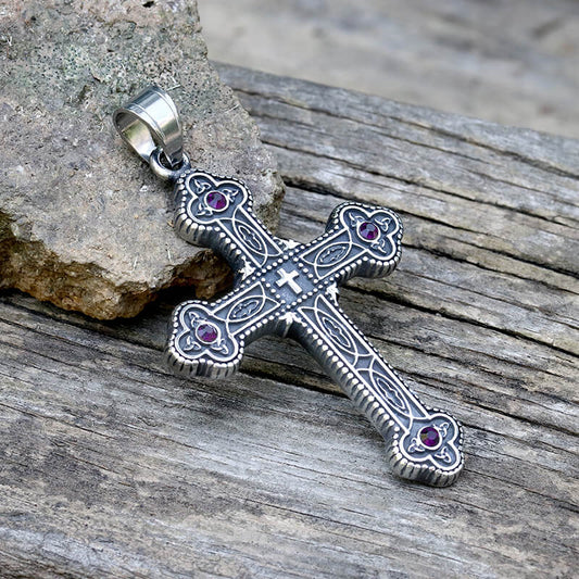 Gem-Set Budded Cross Stainless Steel Pendant