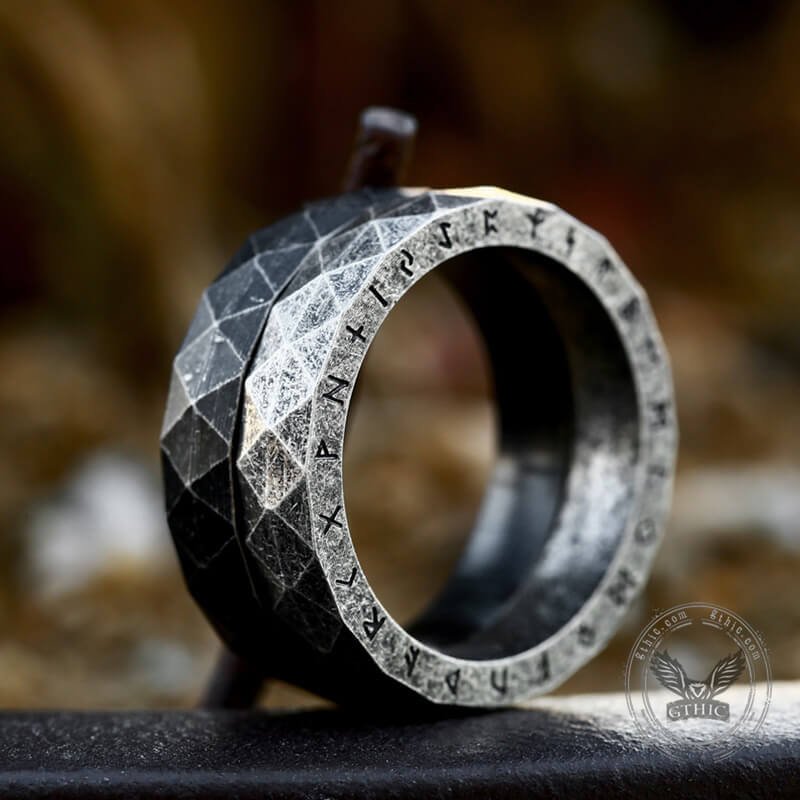 Geometric Faceted Runes Stainless Steel Viking Ring