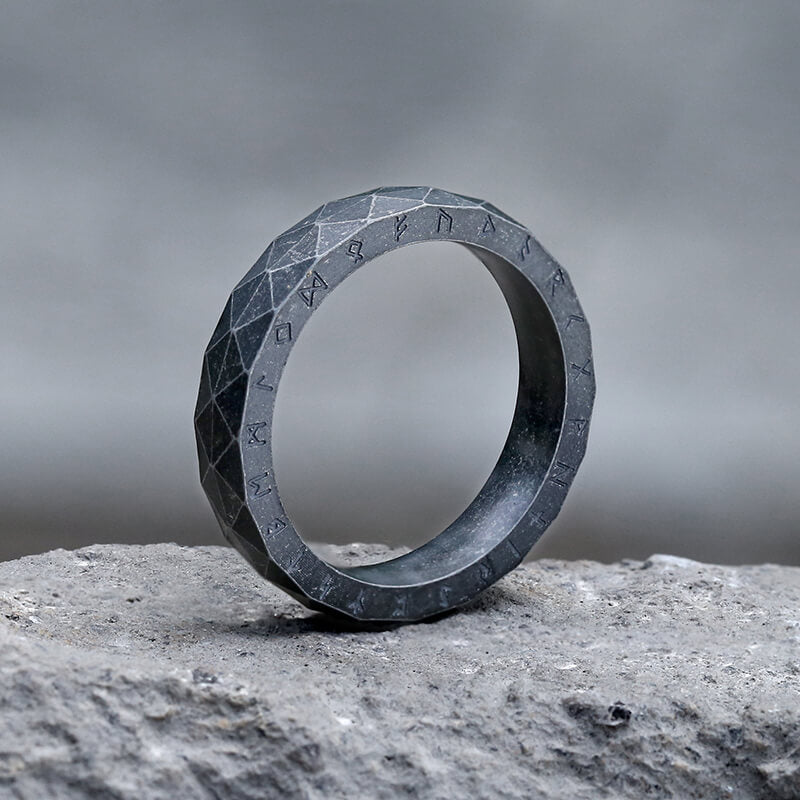 Geometric Faceted Runes Stainless Steel Viking Ring