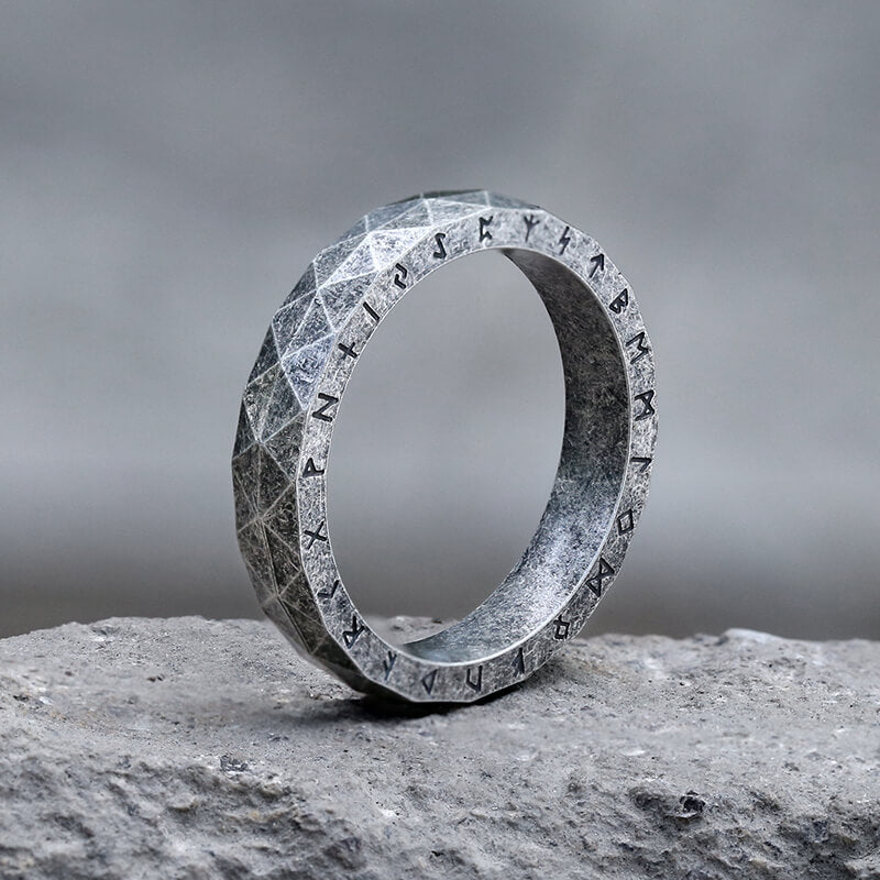 Geometric Faceted Runes Stainless Steel Viking Ring