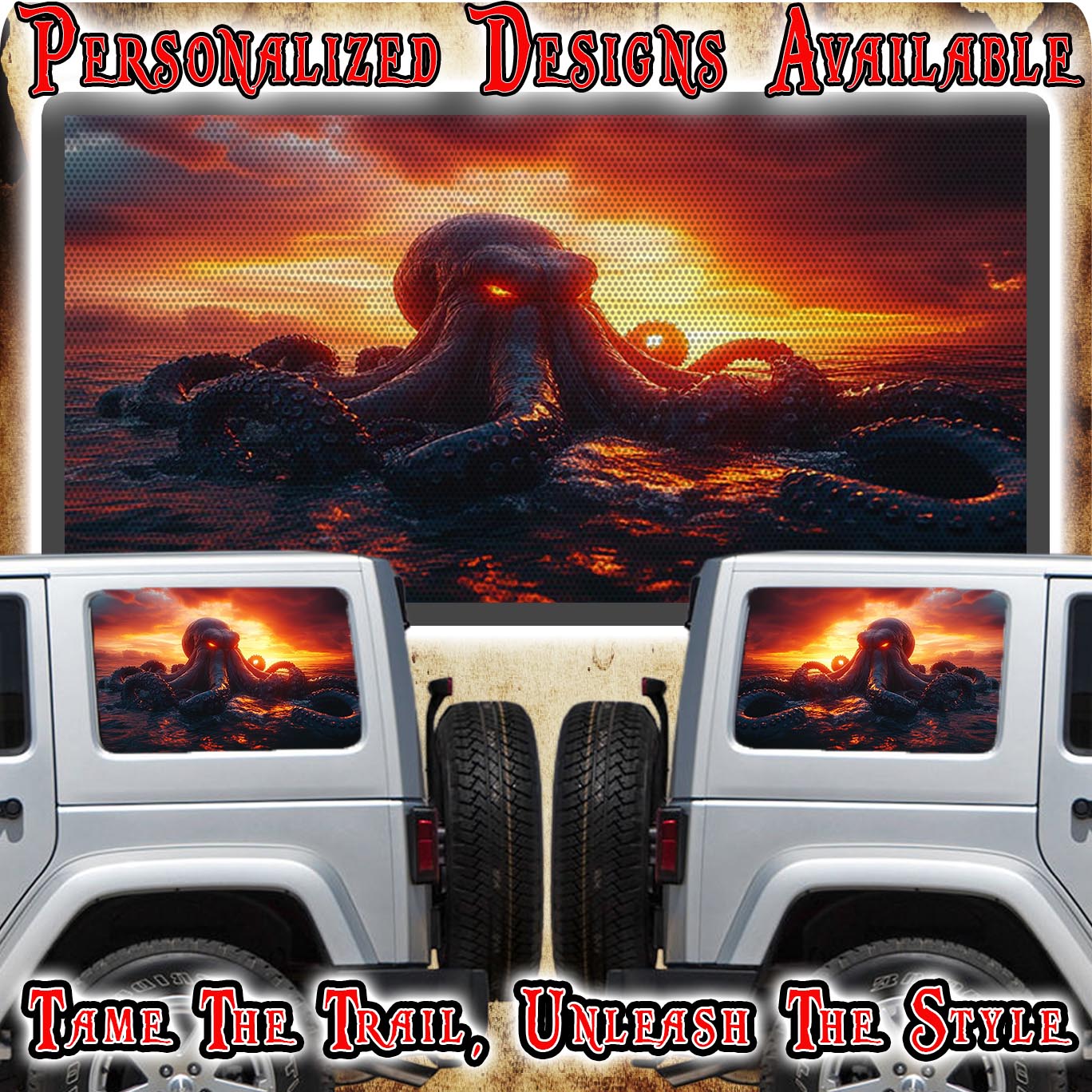 Kraken sunset Rear quarter window see through graphic.