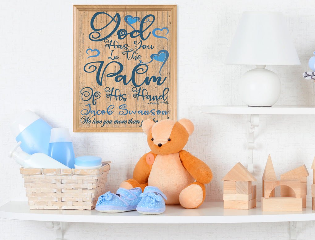 God Has You In The Palm Of His Hand Sign for New Baby or Baptism Gift Plaque