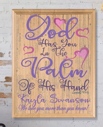 God Has You In The Palm Of His Hand Sign for New Baby or Baptism Gift Plaque