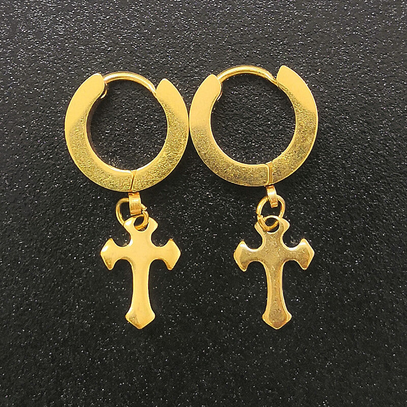 Gold Cross Stainless Steel Hoop Earrings