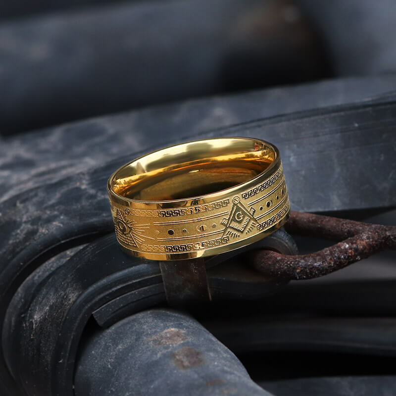 Gold Plated AG Masonic Stainless Steel Band Ring