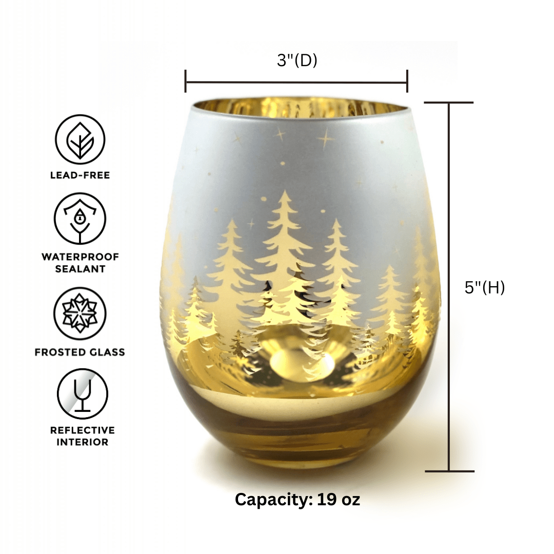 Gold Pine Tree Stemless Wine Glasses