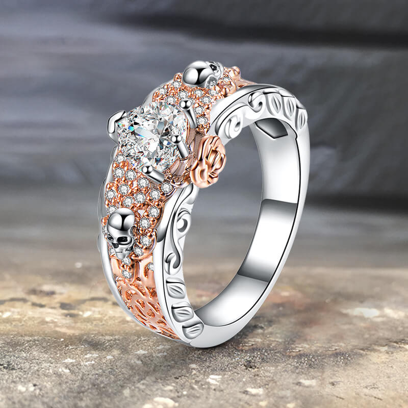 Goth Death Rose Brass Skull Wedding Ring