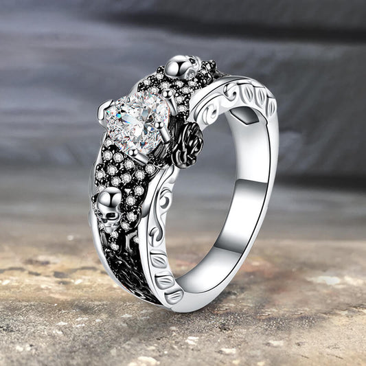 Goth Death Rose Brass Skull Wedding Ring