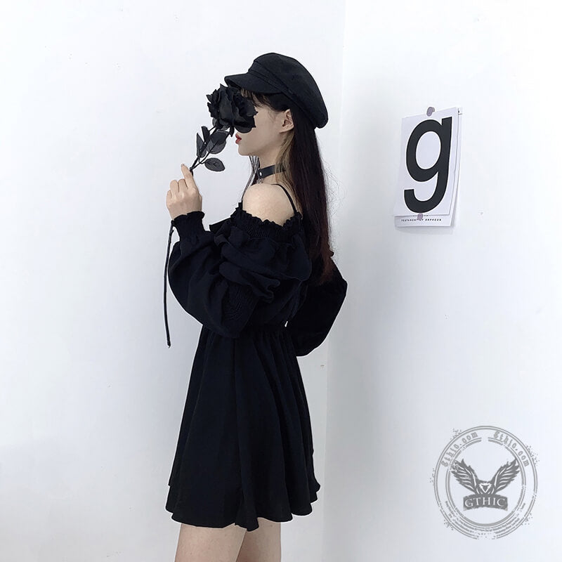Gothic Black Off-Shoulder Lace Up Mini Dress