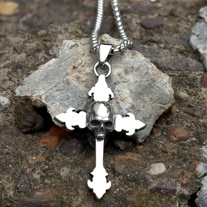 Gothic Cross Stainless Steel Skull Pendant
