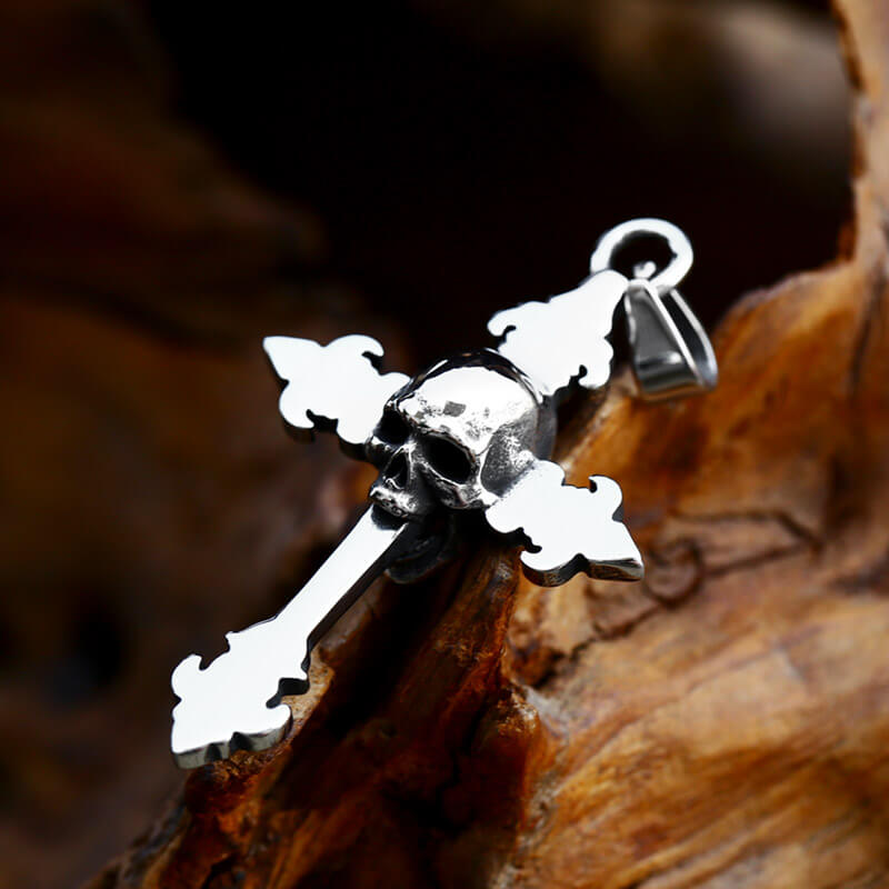 Gothic Cross Stainless Steel Skull Pendant