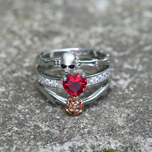 Gothic Heart Zircon Skull Brass Ring