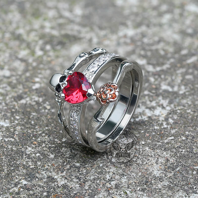 Gothic Heart Zircon Skull Brass Ring