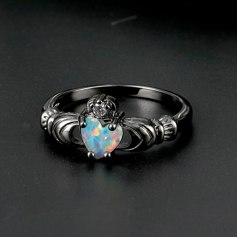 Gothic Love Heart Opal Brass Claddagh Ring