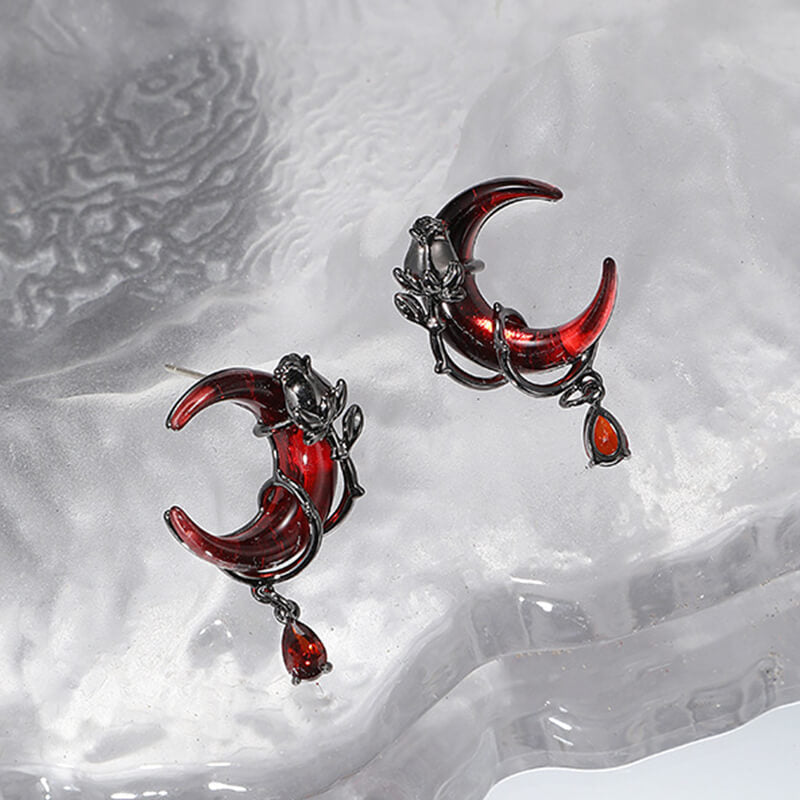 Gothic Red Moon Rose Alloy Earrings