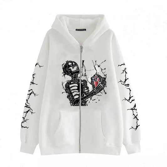 Gothic Skull Print Cotton Hoodie Coat