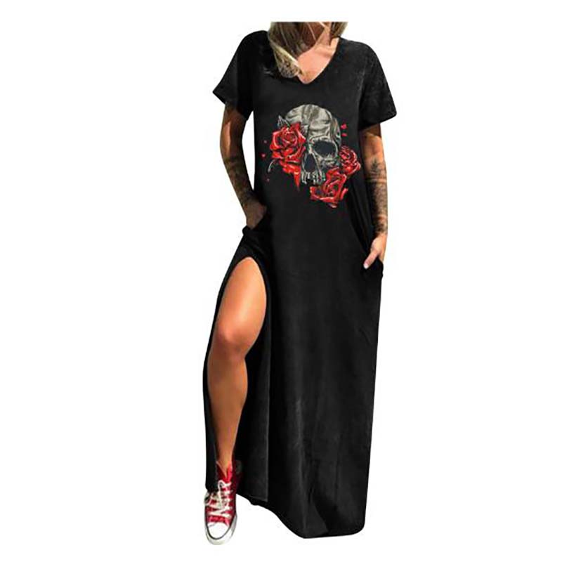 Gothic Skull Print V-neck Women’s Casual Dress