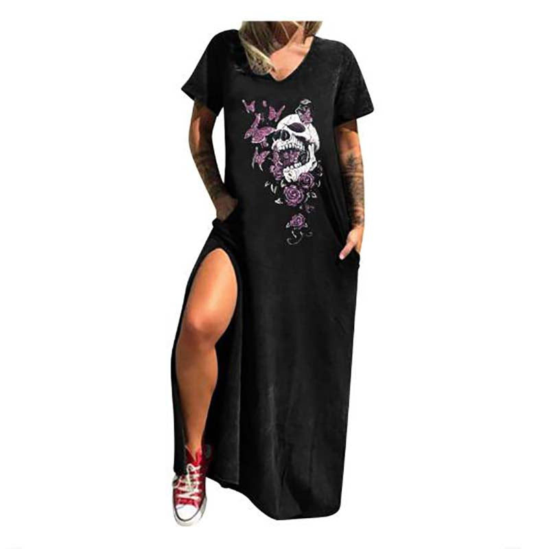 Gothic Skull Print V-neck Women’s Casual Dress