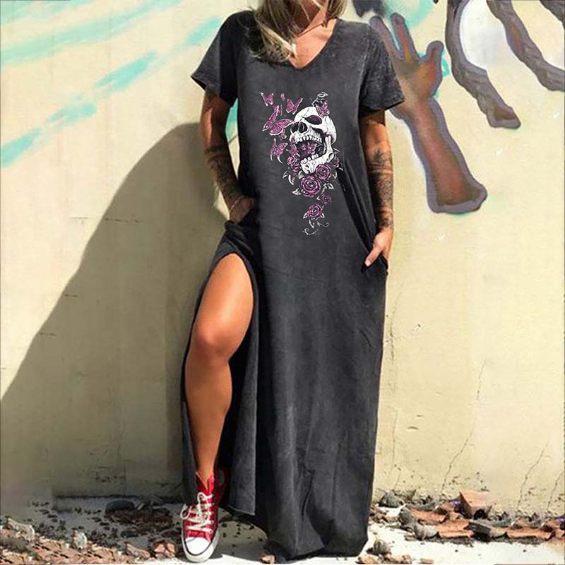 Gothic Skull Print V-neck Women’s Casual Dress