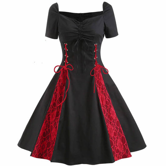 Gothic Solid Color Patchwork Lace Up Dress