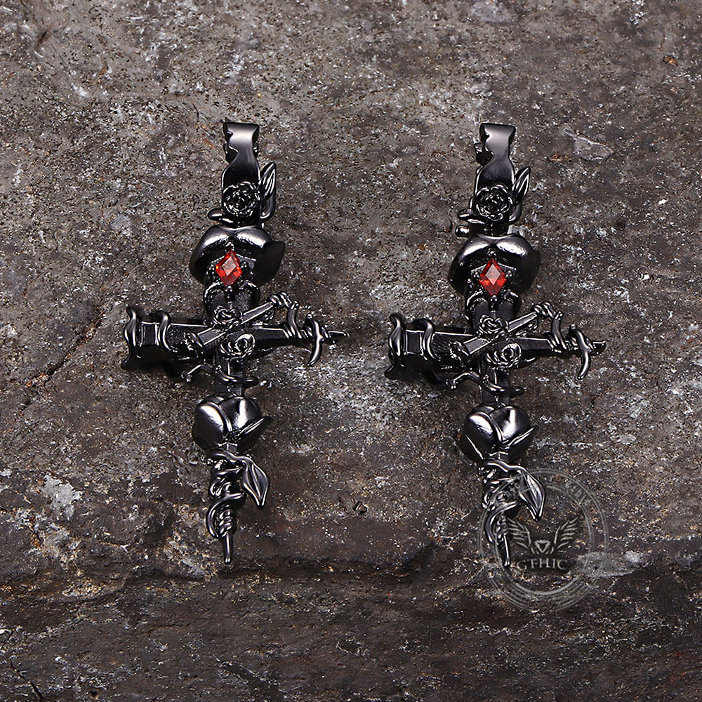 Gothic Thorns Rose Nails Cross Copper Stud Earrings