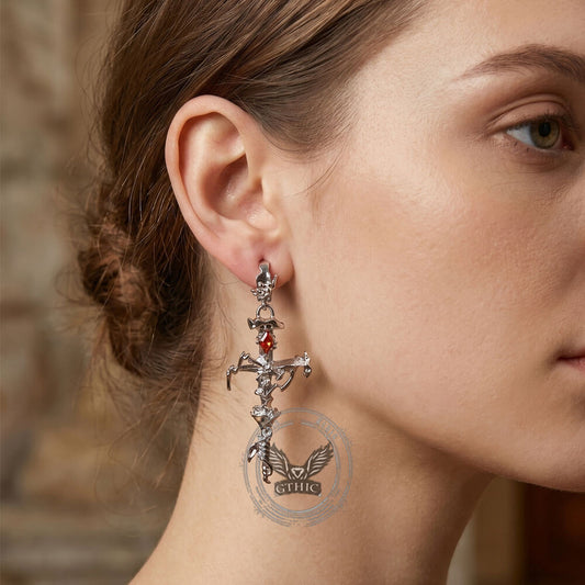 Gothic Thorns Rose Nails Cross Copper Stud Earrings