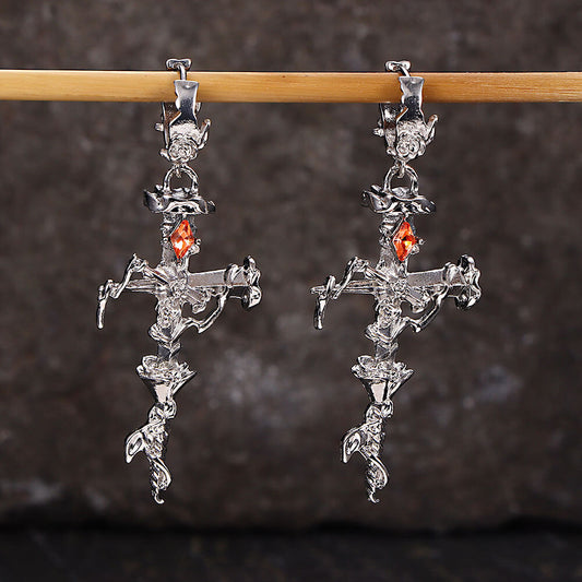 Gothic Thorns Rose Nails Cross Copper Stud Earrings