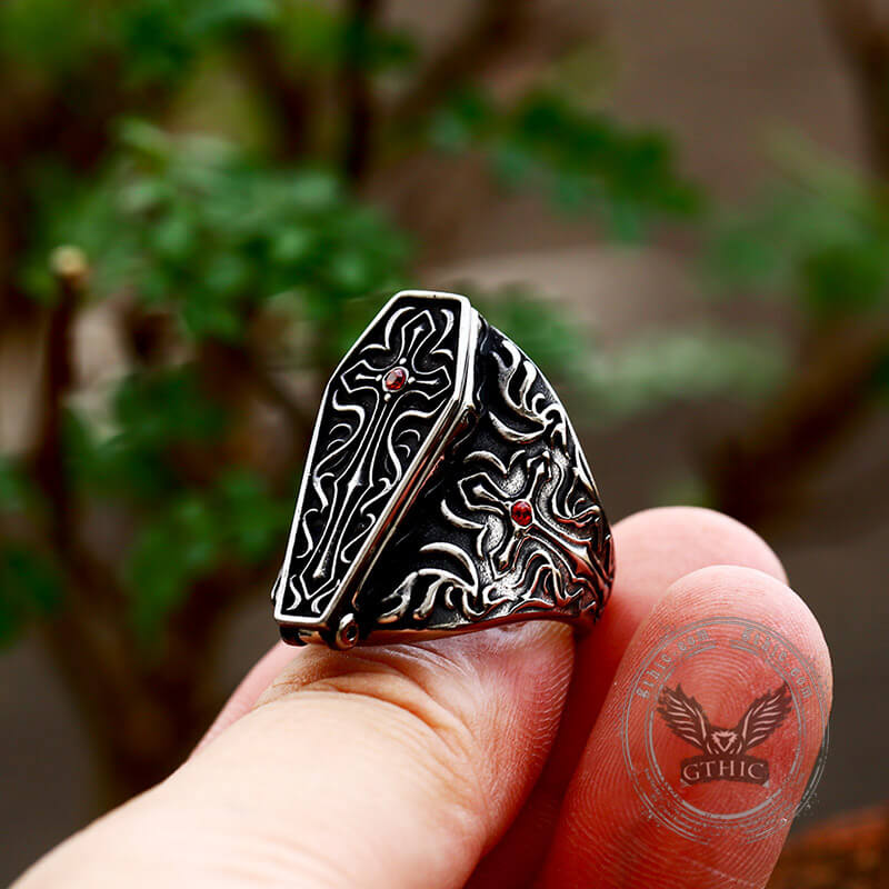 Gothic Vampire Coffin Stainless Steel Cross Ring