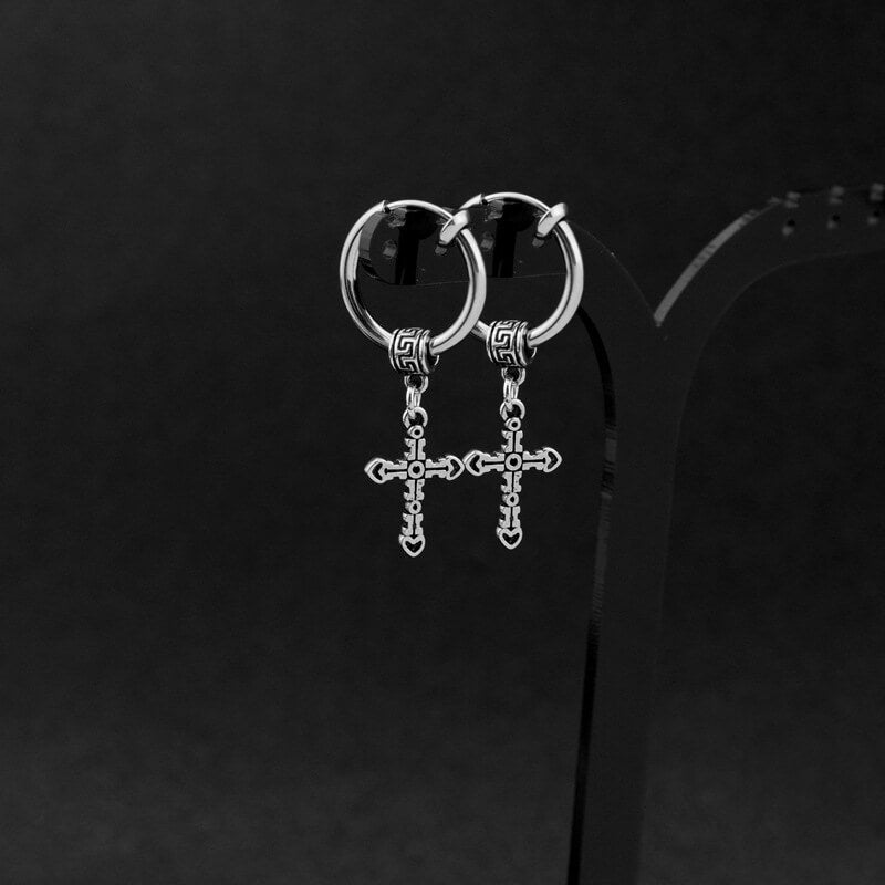 Great Wall Pattern Cross Stainless Steel Hoop Earrings