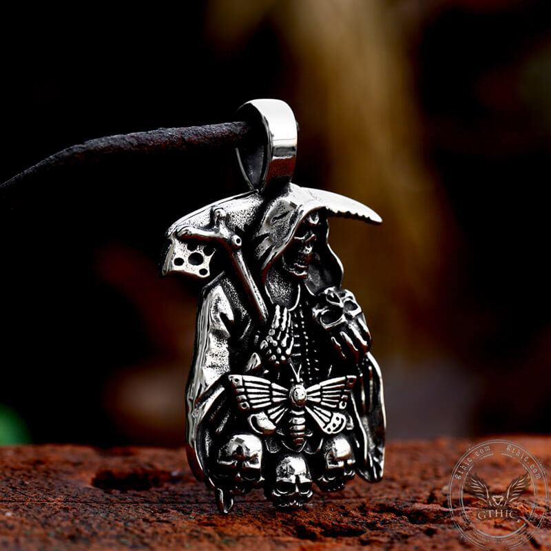 Grim Reaper Moth Stainless Steel Skull Pendant