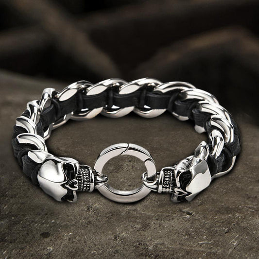 Double Head Skull Buckle Stainless Steel Braided Bracelet