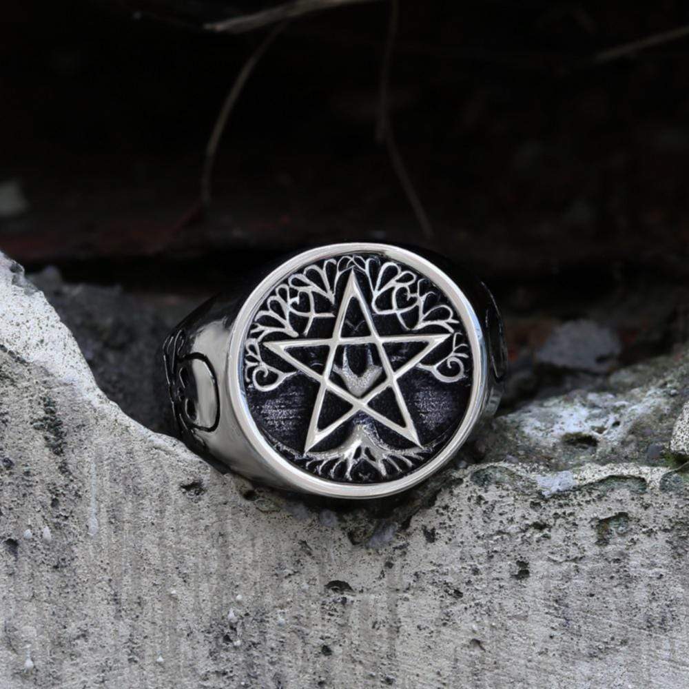 Pentagram Tree of Life Stainless Steel Viking Ring