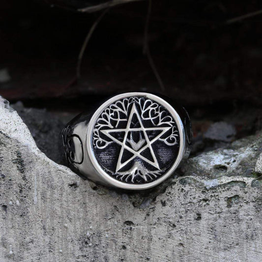 Pentagram Tree of Life Stainless Steel Viking Ring