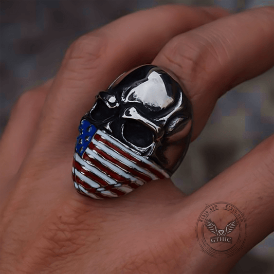 American Flag Stainless Steel Skull Ring