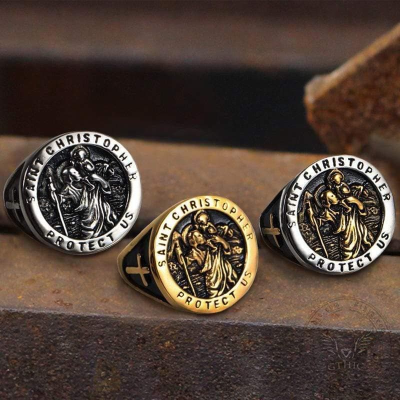 Saint Christopher Protect Us Stainless Steel Cross Ring