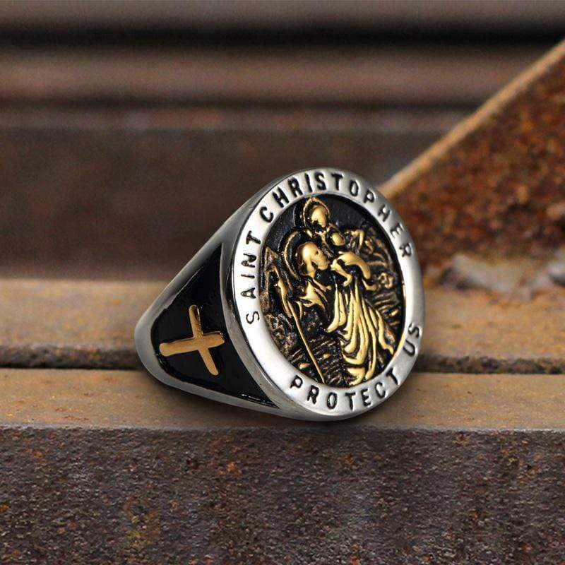 Saint Christopher Protect Us Stainless Steel Cross Ring
