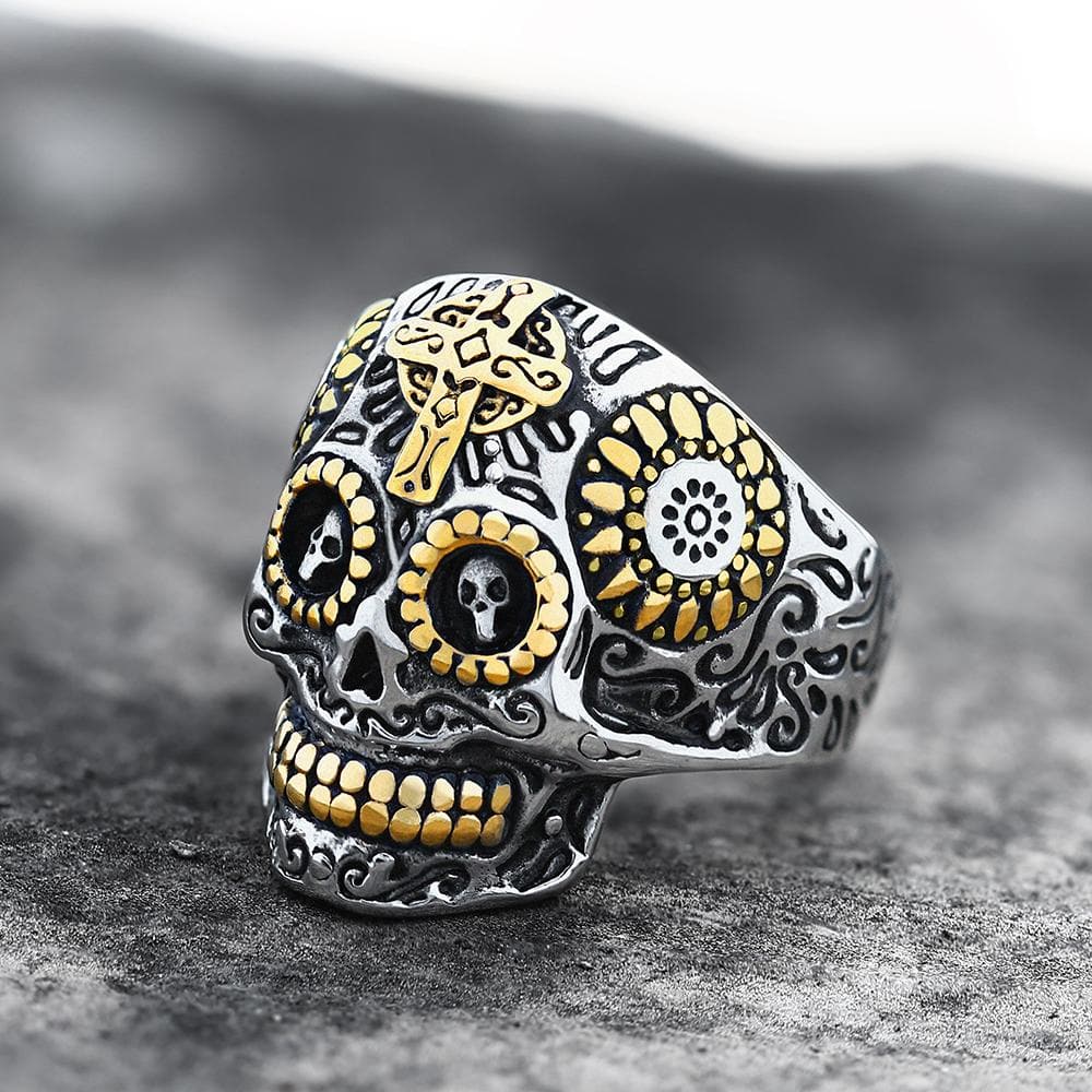 Vintage Cross Stainless Steel Sugar Skull Ring