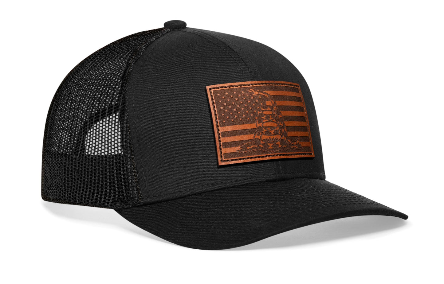 Dont Tread on Me American Flag Trucker Hat  |  Black Gadsden Leather Snapback
