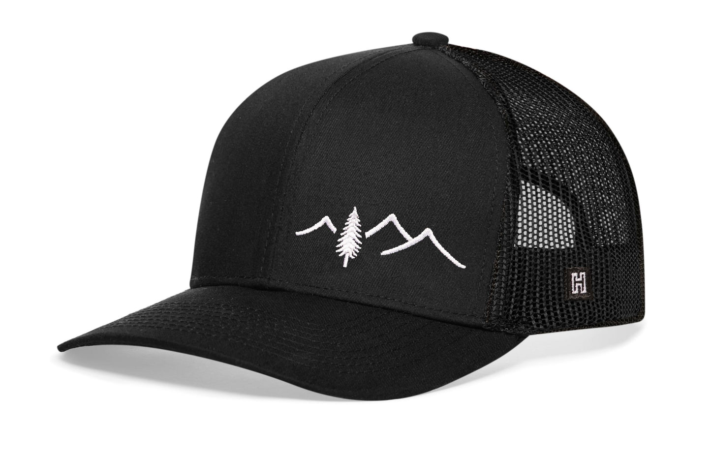Pine Tree with Mountains Trucker Hat  |  Black Outdoors Snapback