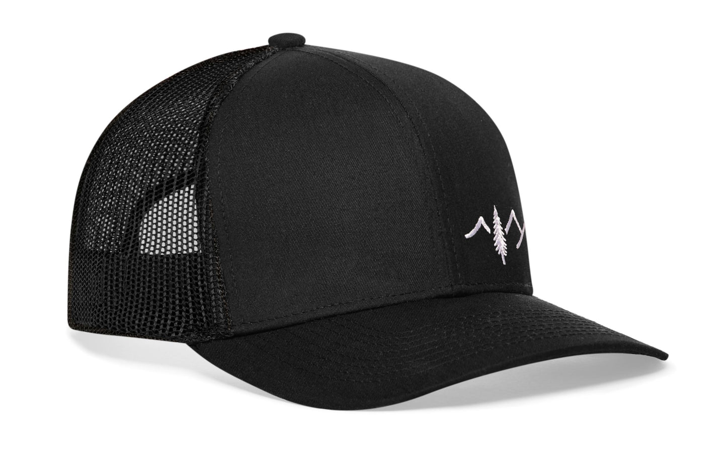 Pine Tree with Mountains Trucker Hat  |  Black Outdoors Snapback