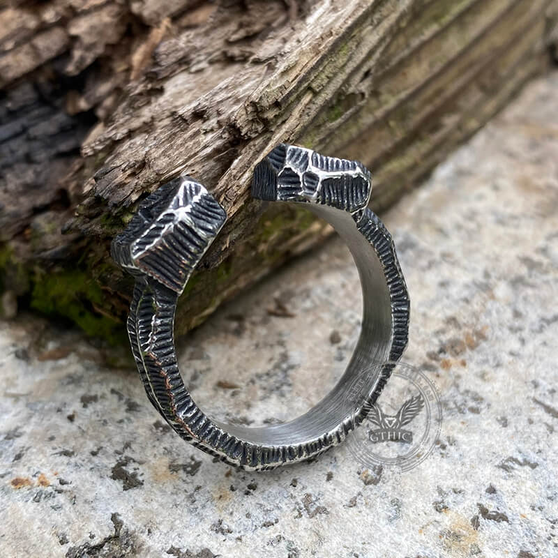 Hammered Pattern Runes Stainless Steel Open Ring