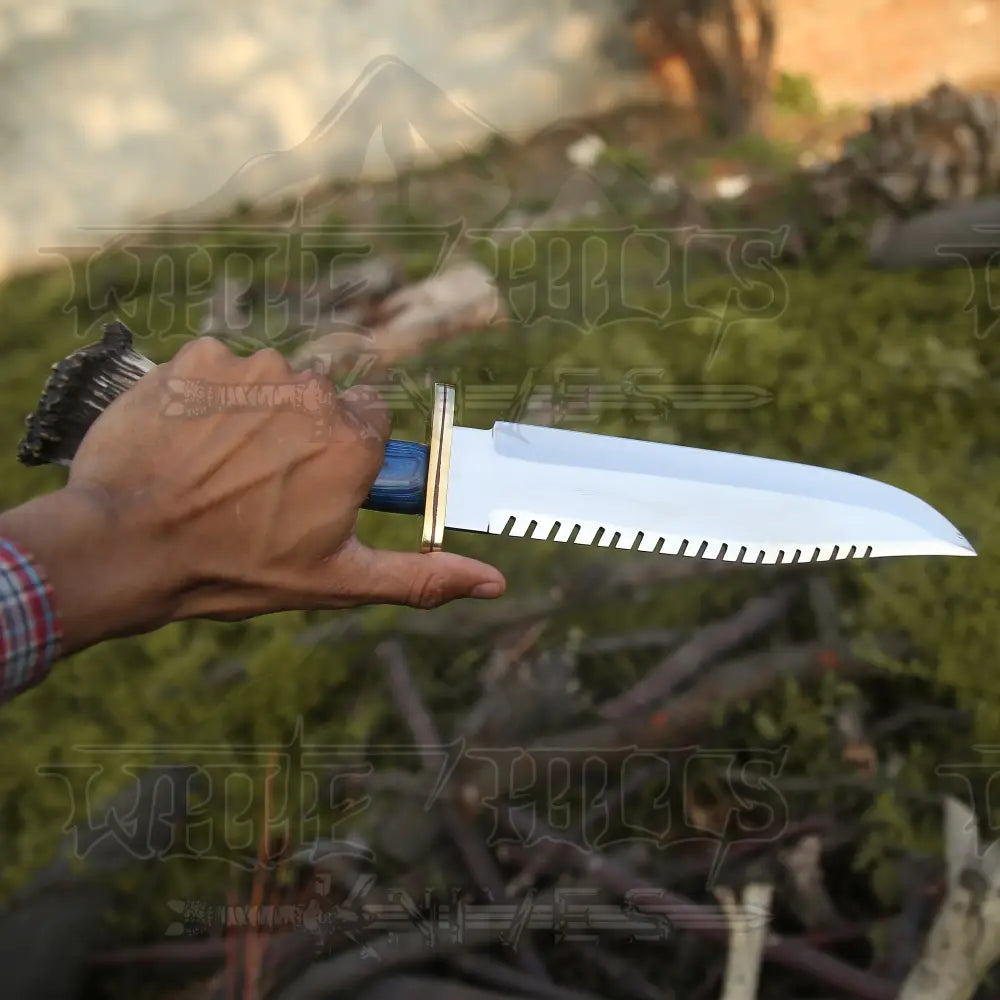 Hand Forged D2 Bowie Knife Steel Hunting Fix Blade - Stag Antler Crown & Wood Handle