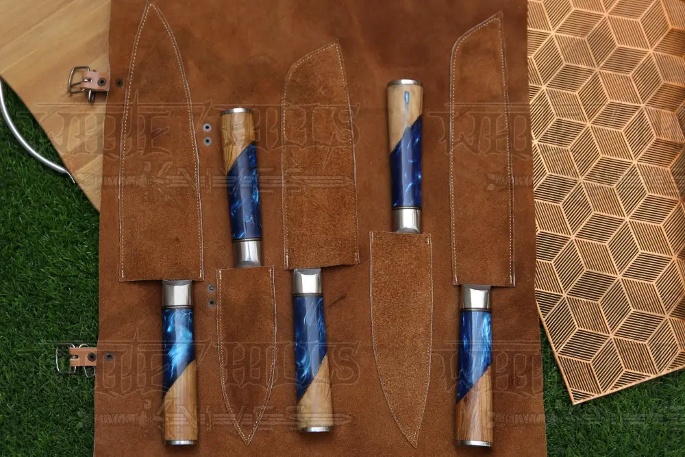 Handmade Chef Set, 5 Piece Damascus Steel Chef Knife Set, Kitchen Knife Set with Leather Cover