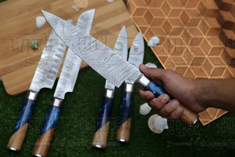 Handmade Chef Set, 5 Piece Damascus Steel Chef Knife Set, Kitchen Knife Set with Leather Cover